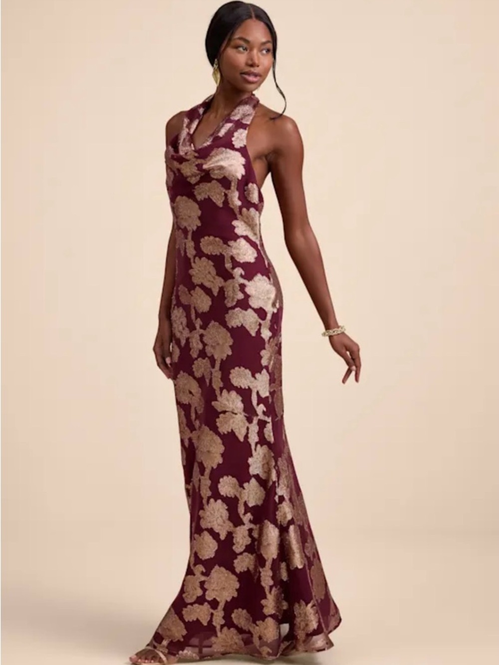Lulus Zafira Burgundy And Gold Burnout Cowl Halter Maxi Dress Red - Size L